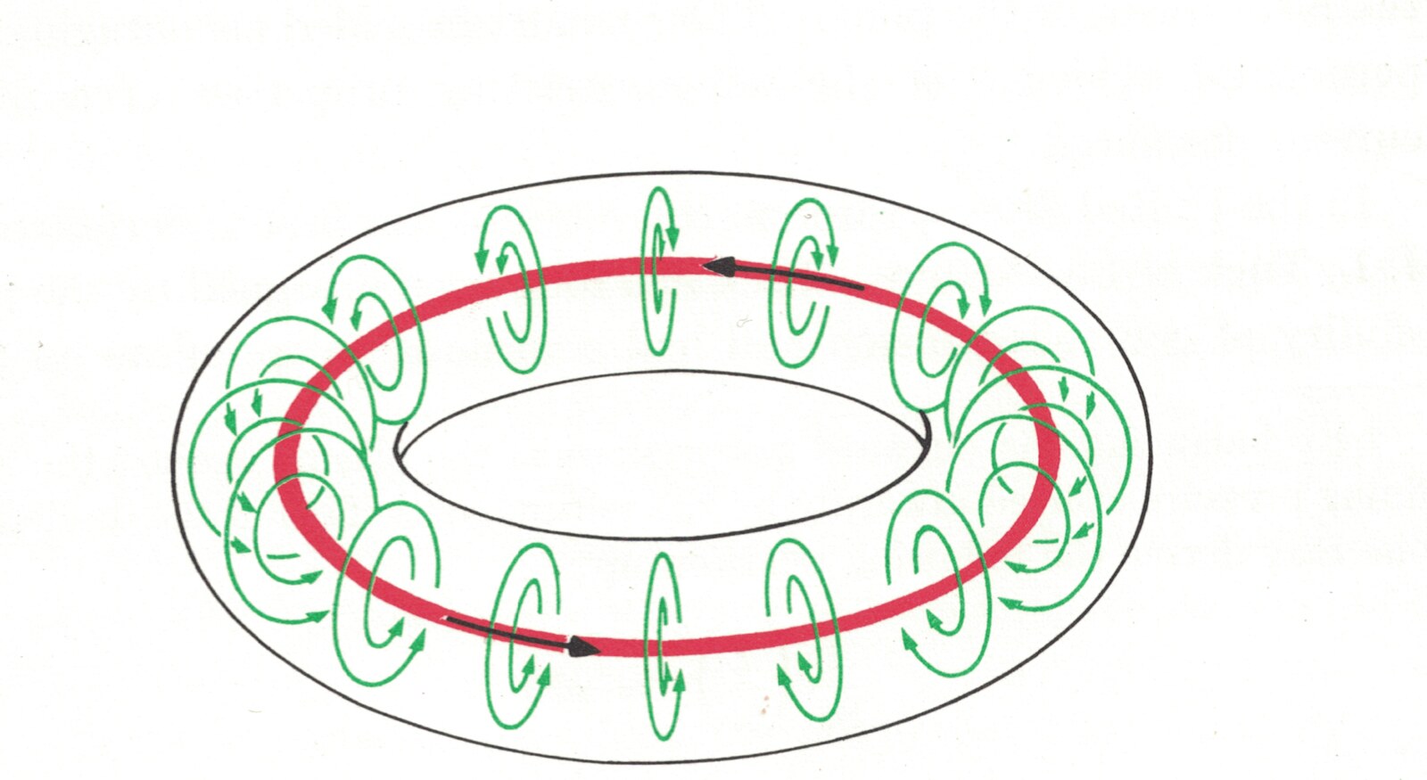 Diagram of the fully formed pinch: a red plasma ring inside a torus, encircled by green magnetic field lines